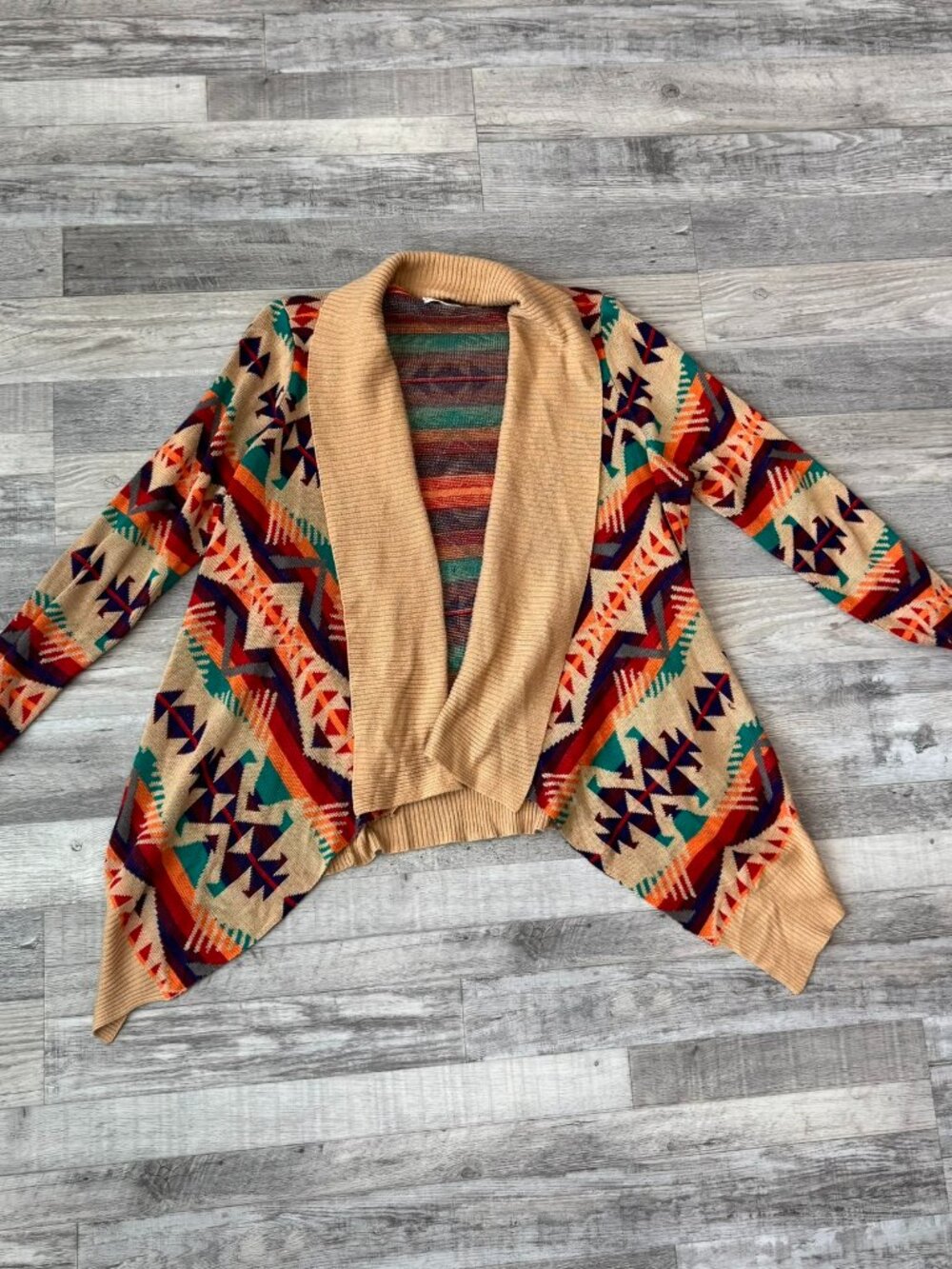 Blu Pepper multicolor aztec print open front drape sweater cardigan large D18